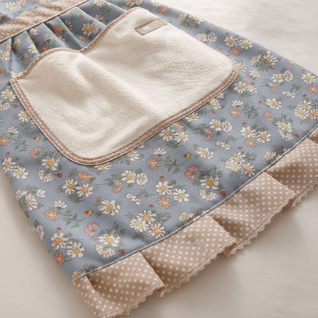 Close-up of the soft cream terry-cloth wiping pocket and floral woven fabric