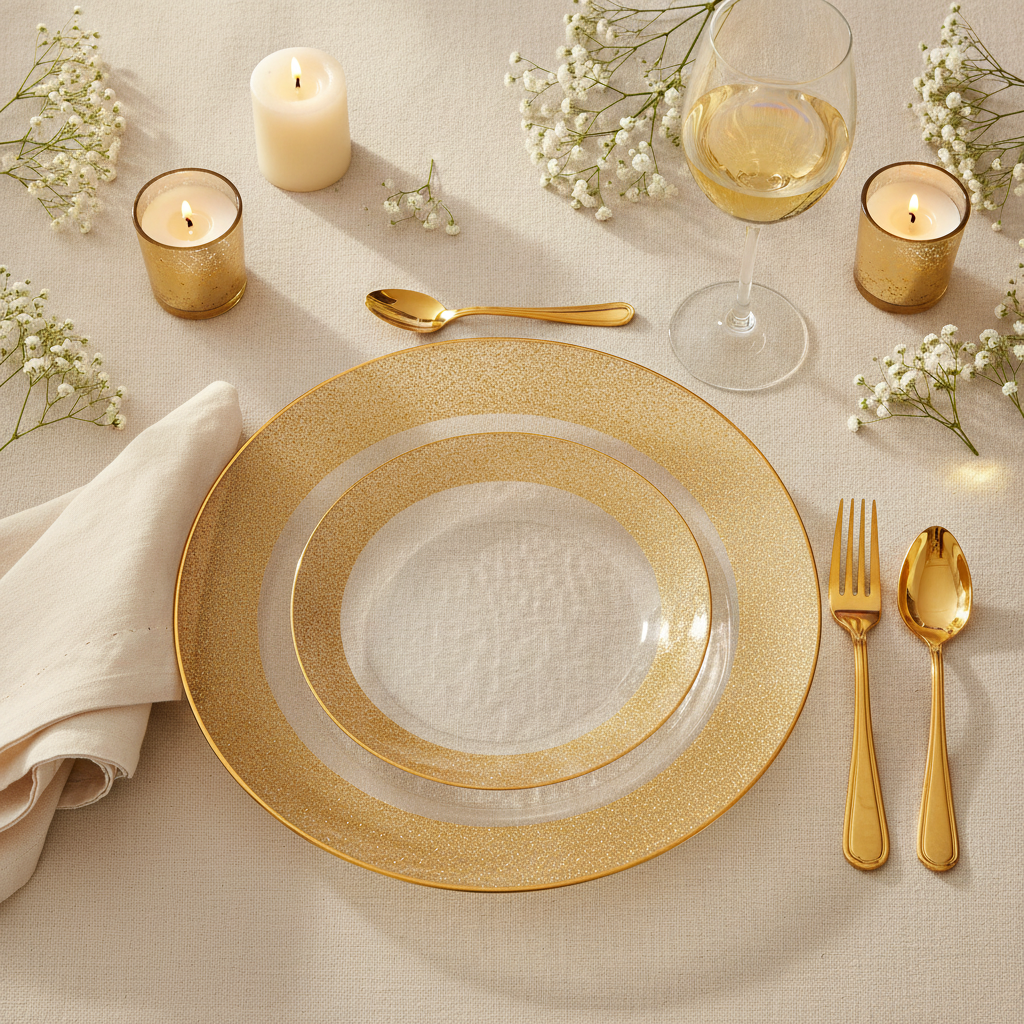 Clear gold-flecked-rim party plates with gold cutlery in an elegant wedding place setting