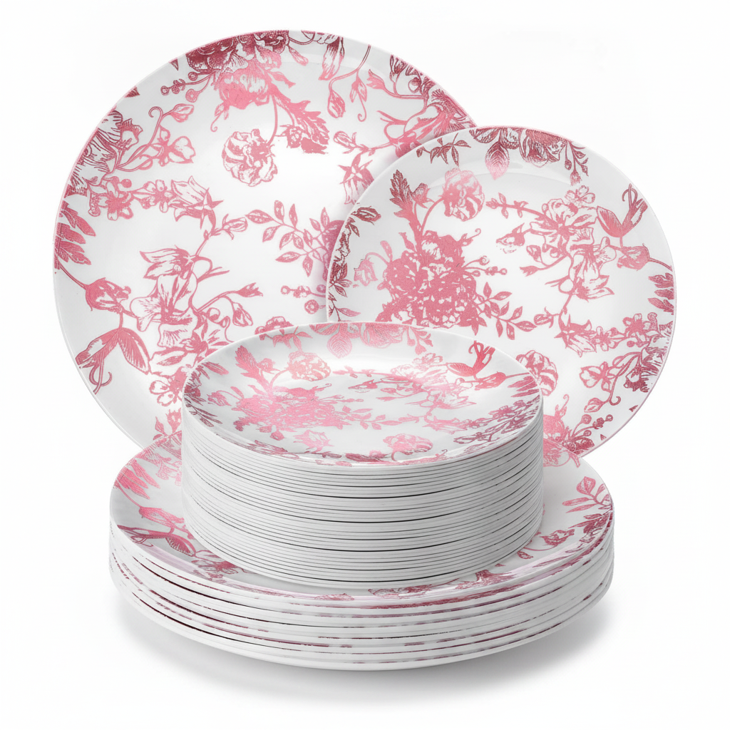 Stack of pink floral toile disposable plastic plates on white background