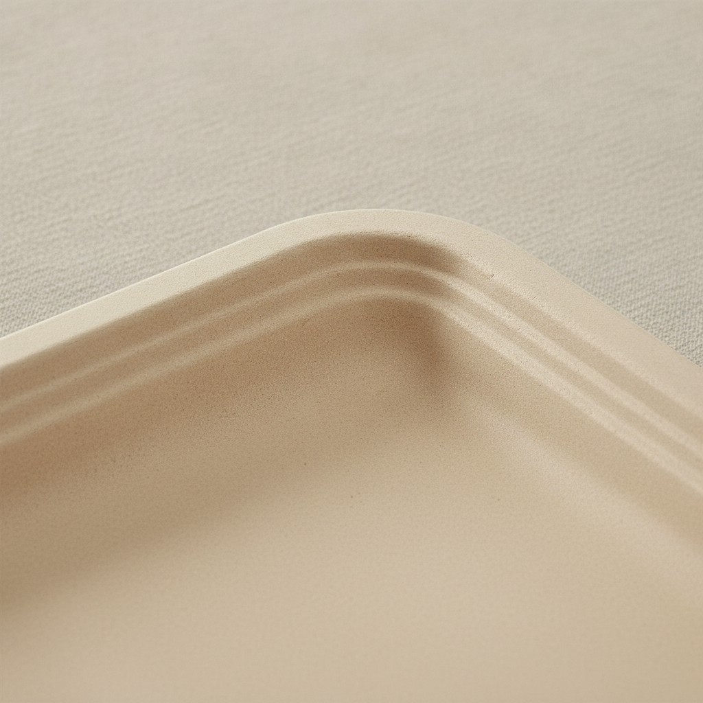 Macro close-up of a flat rectangular bagasse tray rim and molded-fiber texture