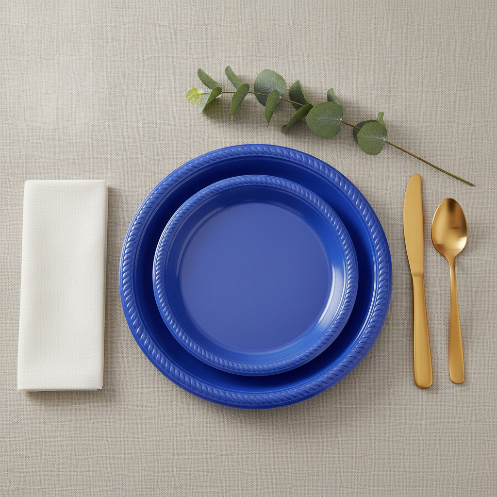 Overhead flat-lay of dark royal-blue plastic plates with napkin and gold cutlery