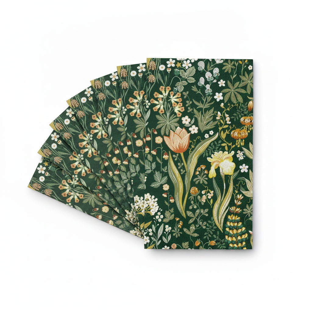 Fanned stack of vintage green botanical floral paper guest napkins on white