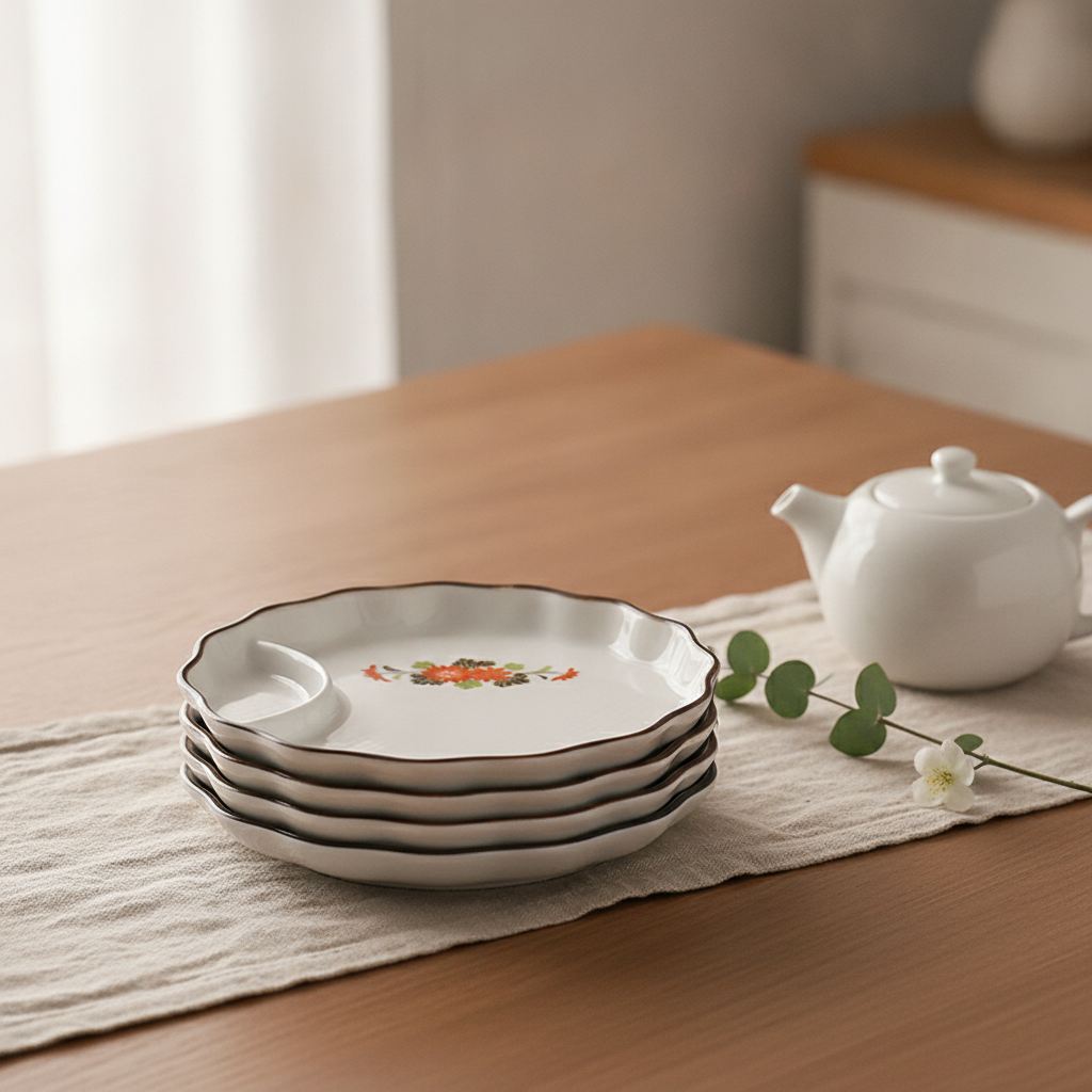 Styled stack of hand-painted ceramic snack plates on a neutral table