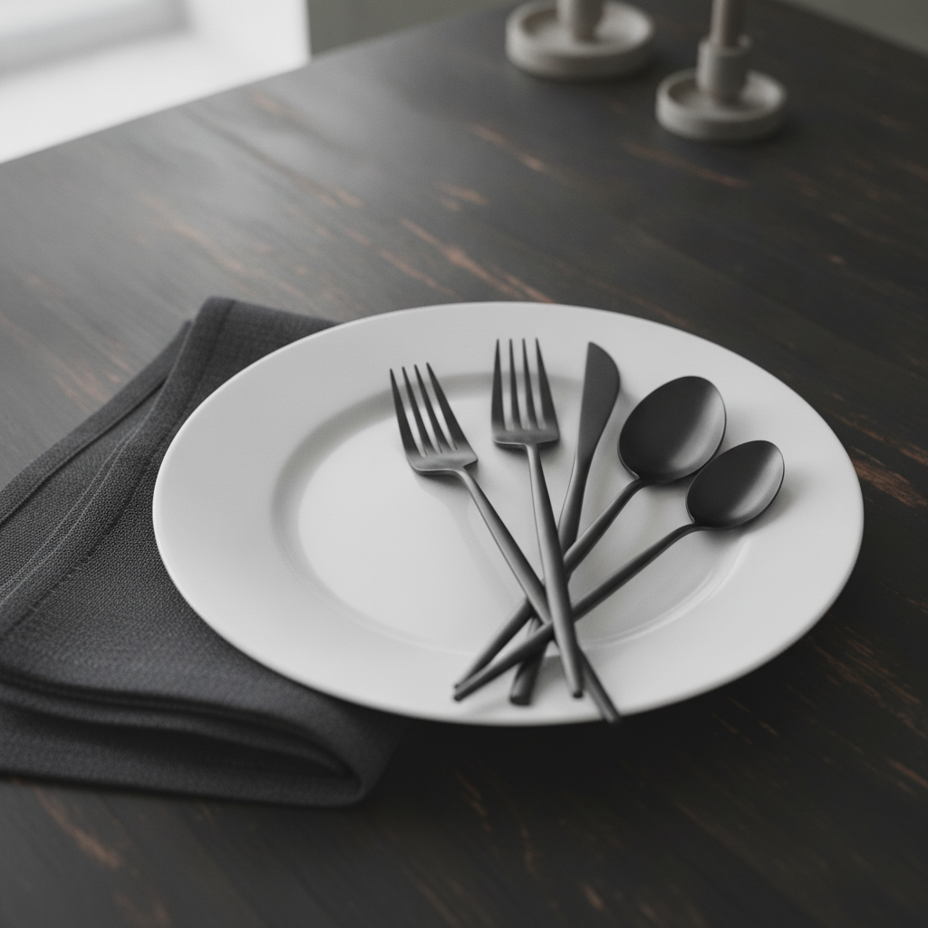 Matte black cutlery in a modern table place setting