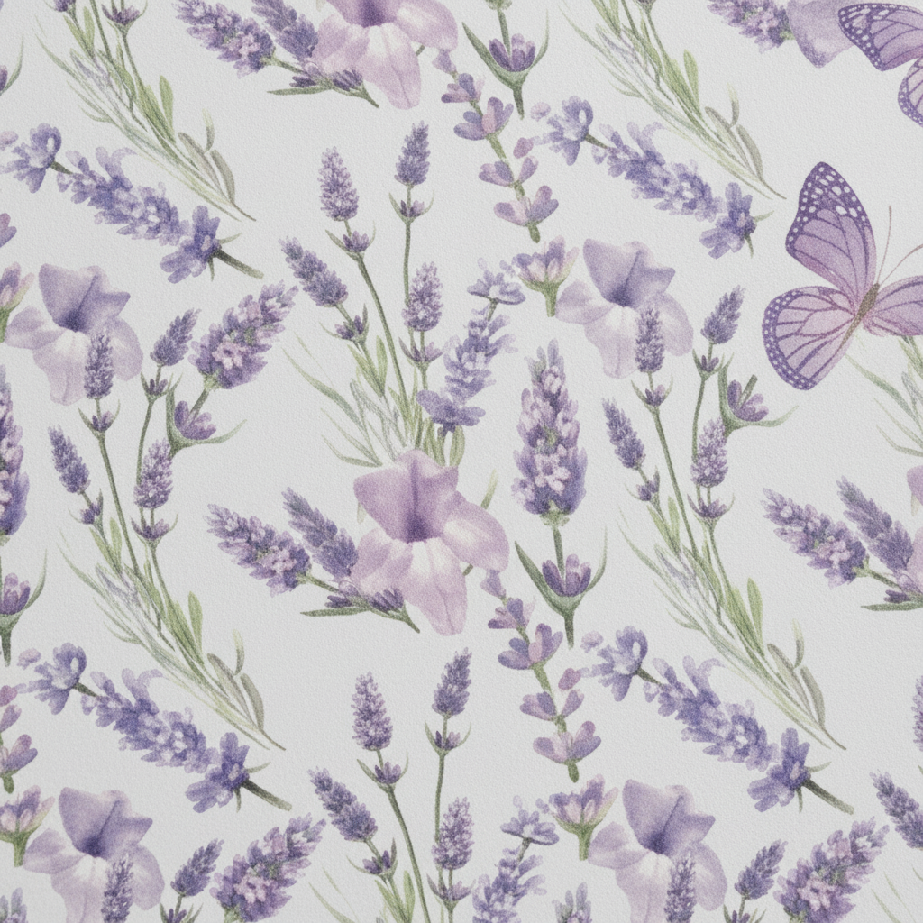 Close-up of watercolor lavender sprigs and purple butterflies on wrapping paper