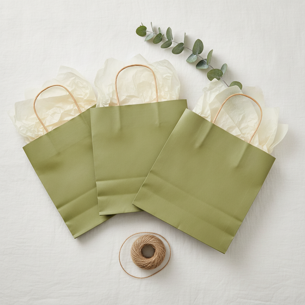 Overhead flat-lay of sage green kraft gift bags with tissue and eucalyptus