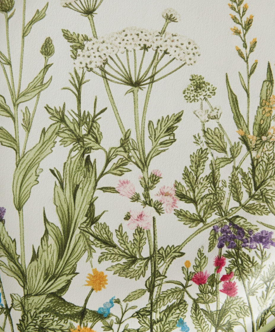 Macro close-up of vintage botanical wildflower print and green rim on matte disposable paper plate