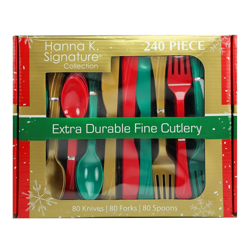 Red, Green and Gold Heavyweight Plastic Cutlery Set, 240 pc — view 1