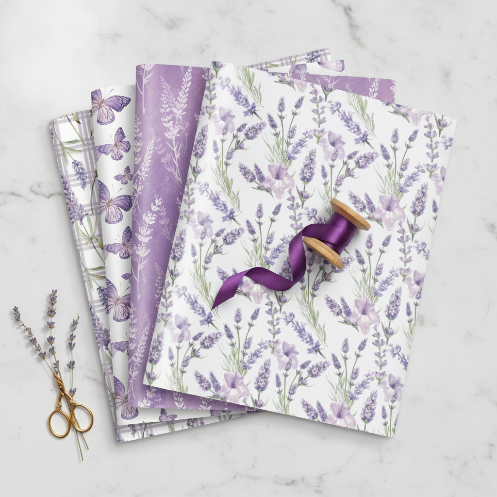 Overhead flat-lay of lavender butterfly wrapping paper sheets with ribbon and scissors