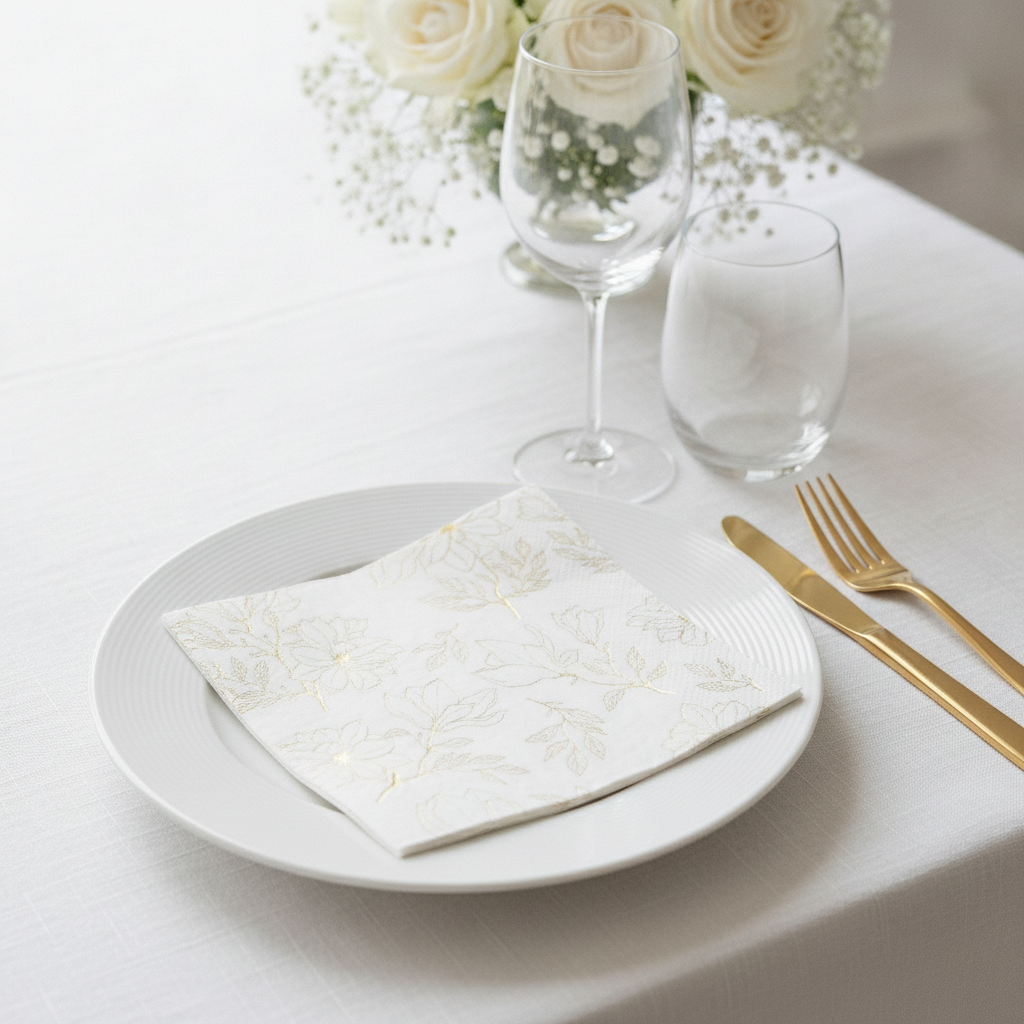 Square gold and white floral cocktail napkin folded flat on a white plate in an elegant table setting with gold cutlery and white roses