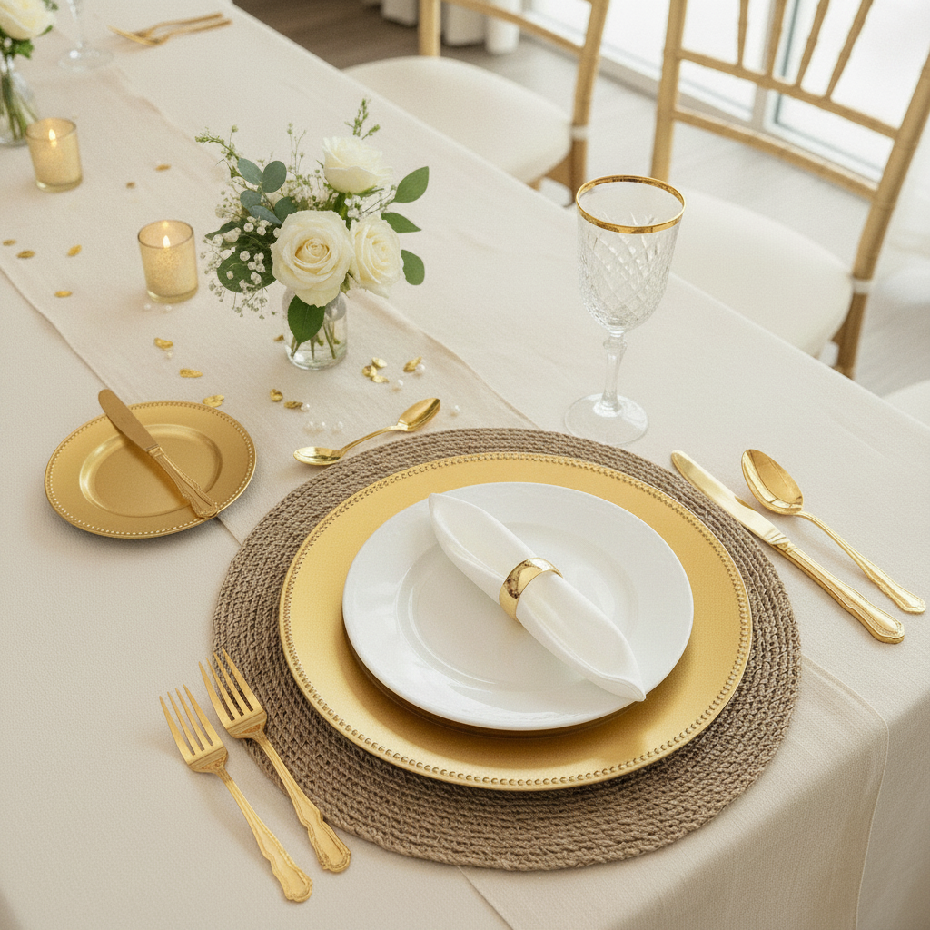 Gold charger plate setting an elegant banquet table with candlelight