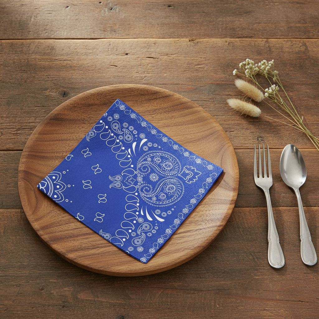 Blue paisley bandana paper napkin on a wood charger at a rustic western place setting