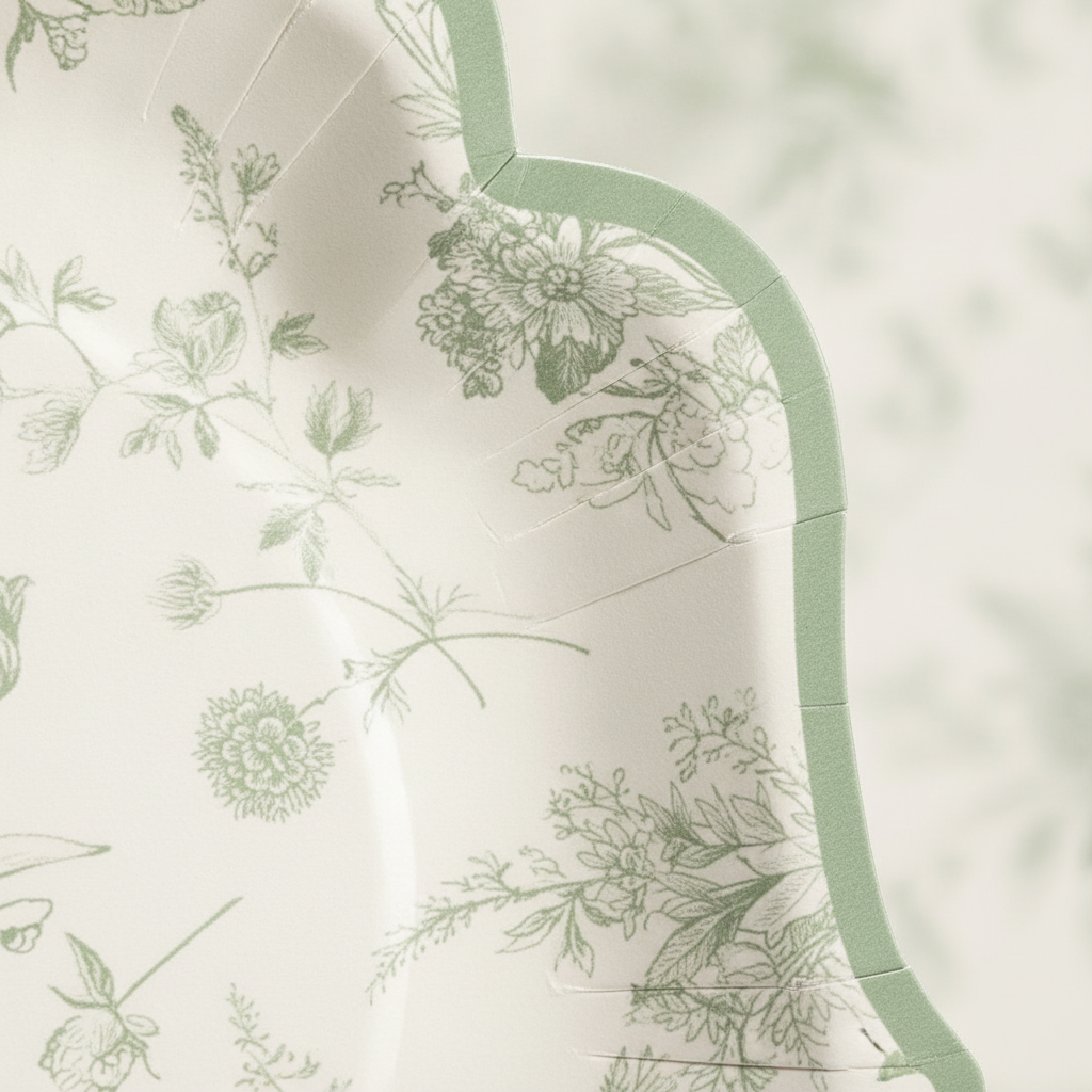 Macro close-up of sage green toile paper plate ornate rim and floral print