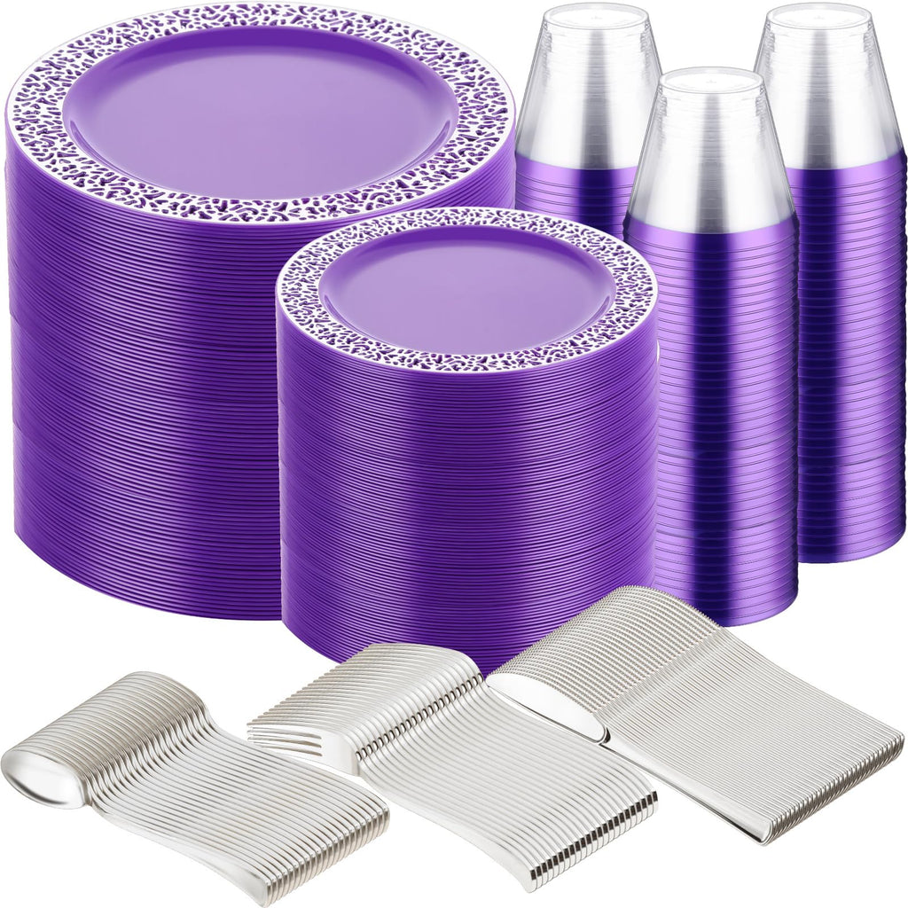 Purple and Silver Dinnerware Set, 600 pc