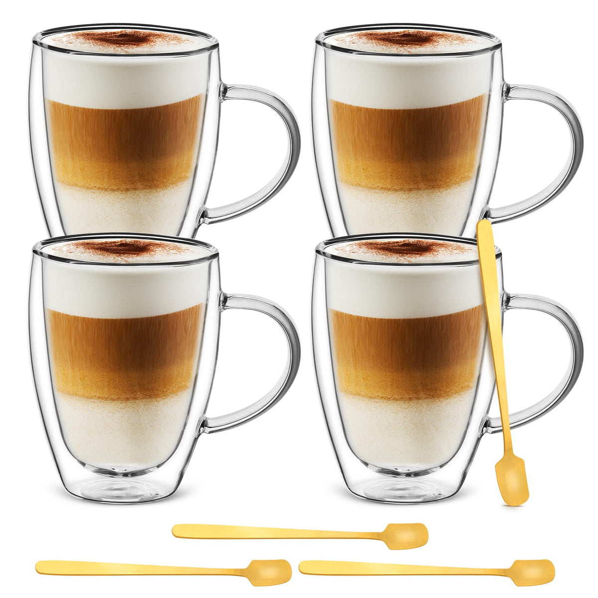 Double-Walled Glass Cappuccino Mugs, 12 oz, Set of 4