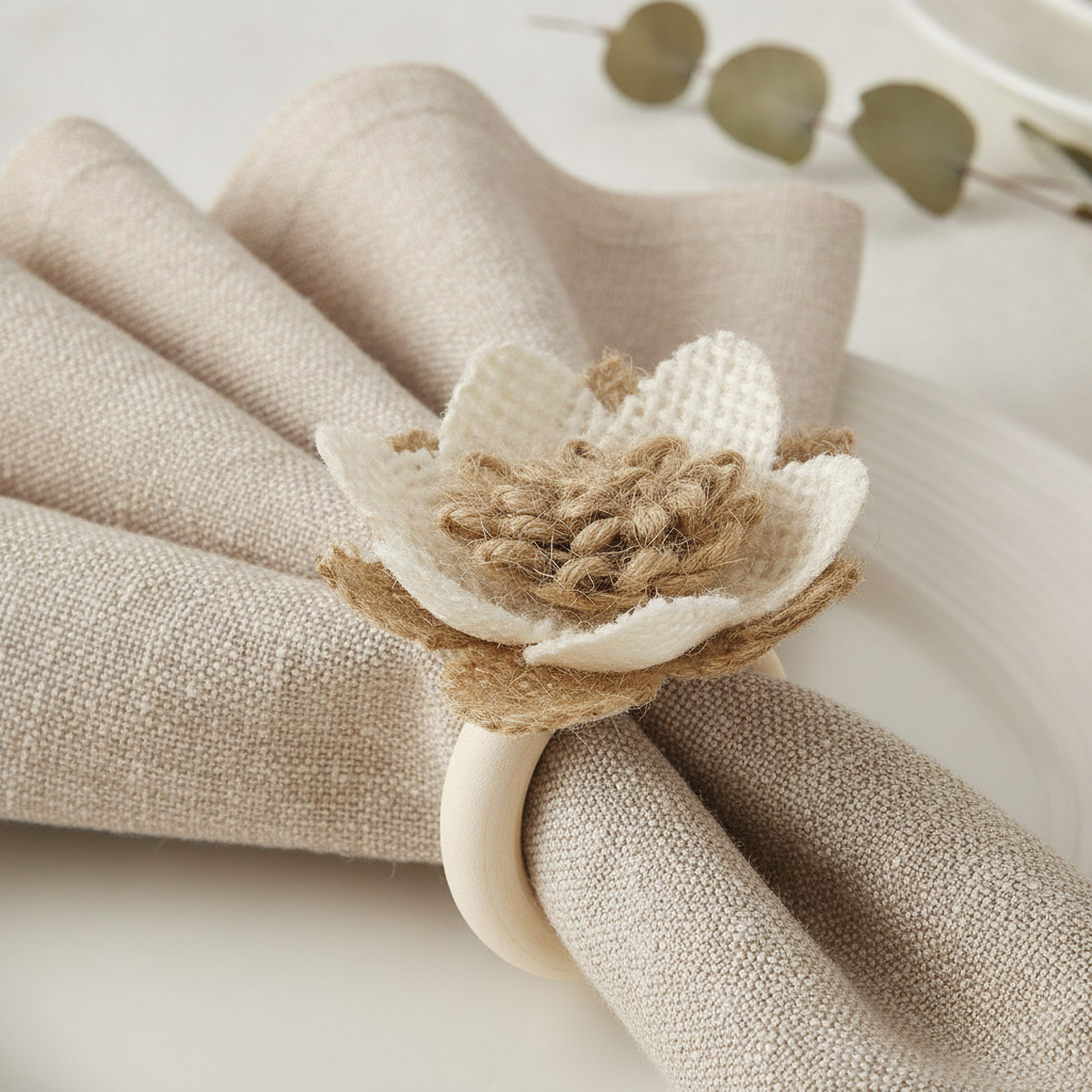 Close-up of a jute burlap flower on a natural wood napkin ring