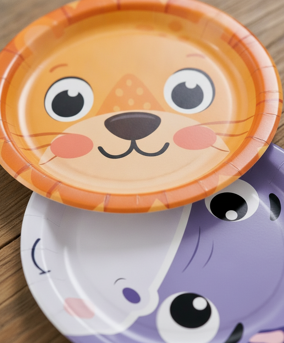 Macro close-up of lion and hippo matte paper safari party plates showing thin disposable paper edge