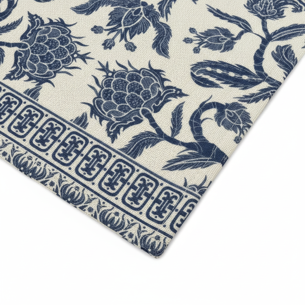 Detail of the Greek-key border band and stitched hem on the table runner