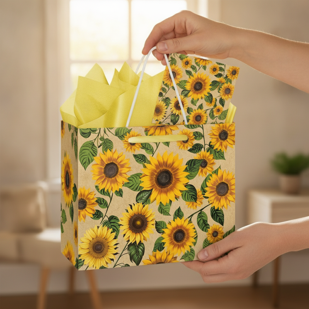 Sunflower print gift bag held in two hands as a gift