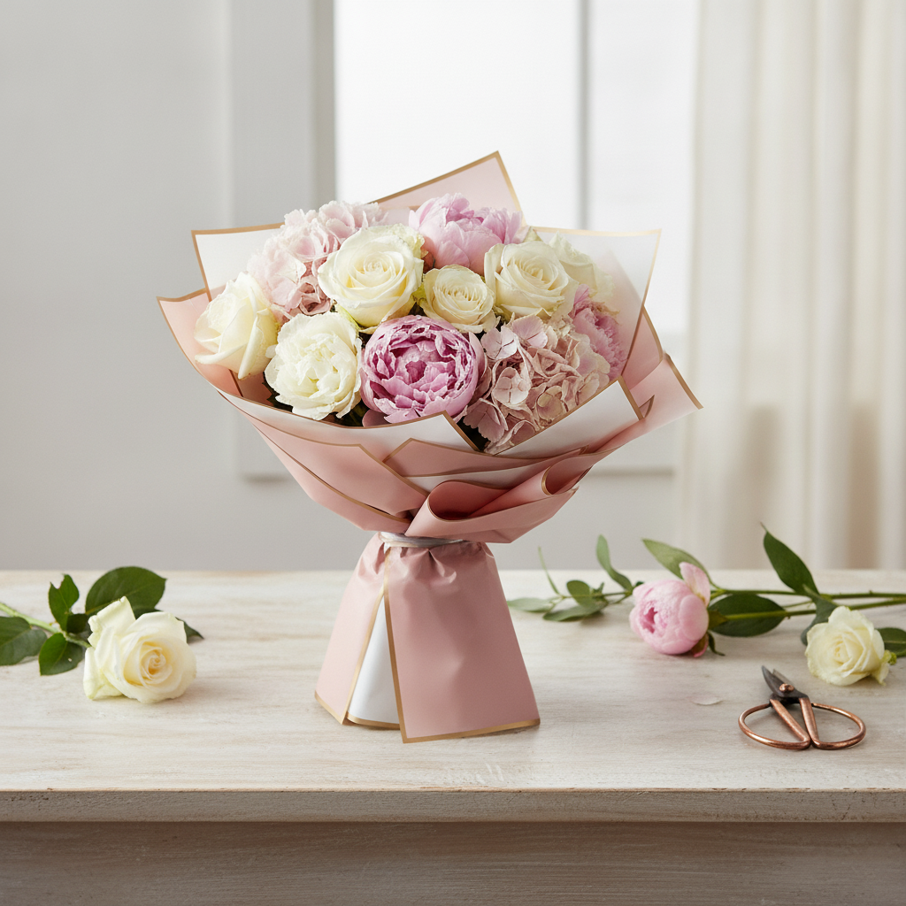 Flower bouquet wrapped in pink and white gold-edge wrapping paper on a wood table