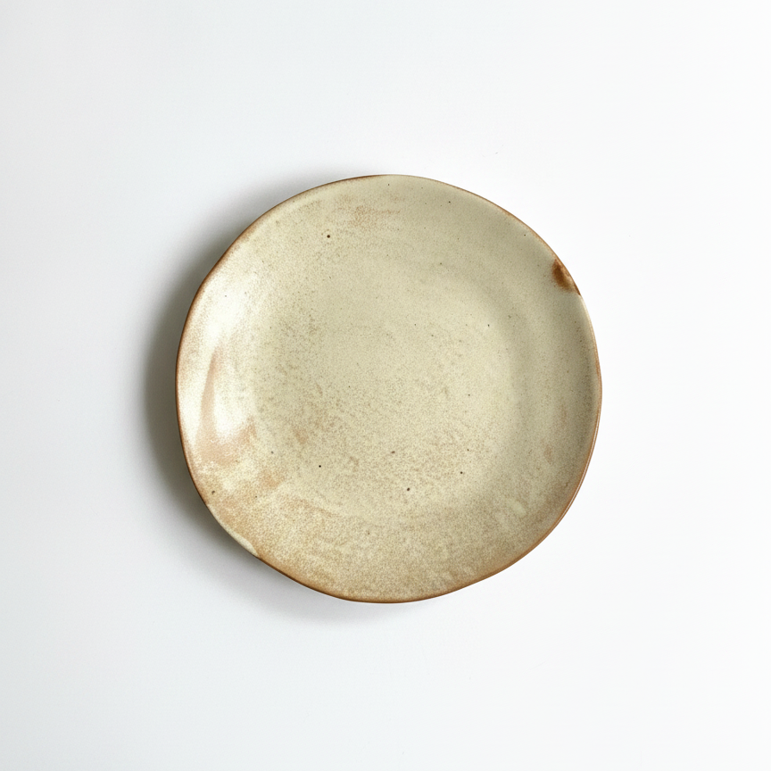 Sabbia organic matte stoneware dinner plate in sandy oatmeal glaze with rust speckle, on white