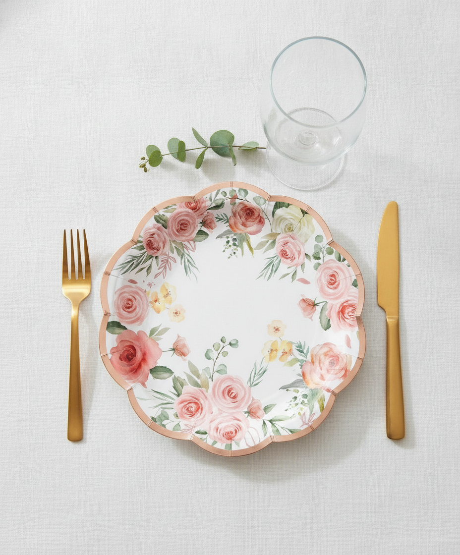 Watercolor rose disposable paper party plate place setting with blush napkin and gold cutlery