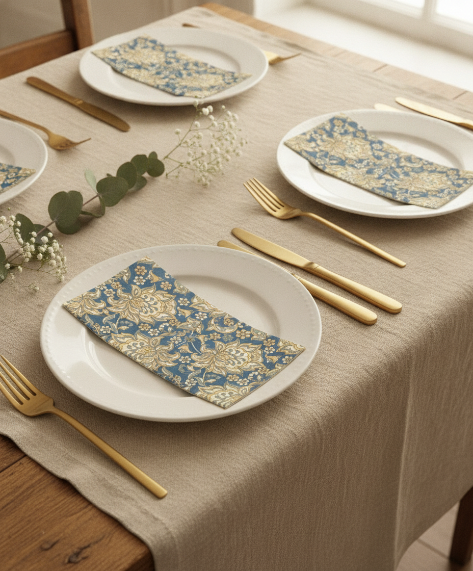 Styled elegant vintage tablescape with rectangular heritage English floral paper guest napkins and gold cutlery