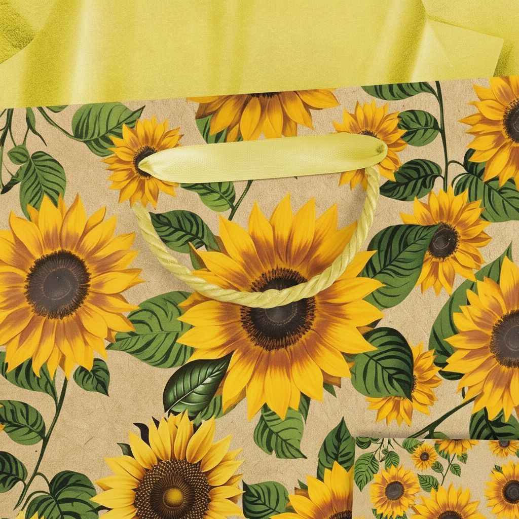 Macro detail of the sunflower printed paper and rope handle on the gift bag