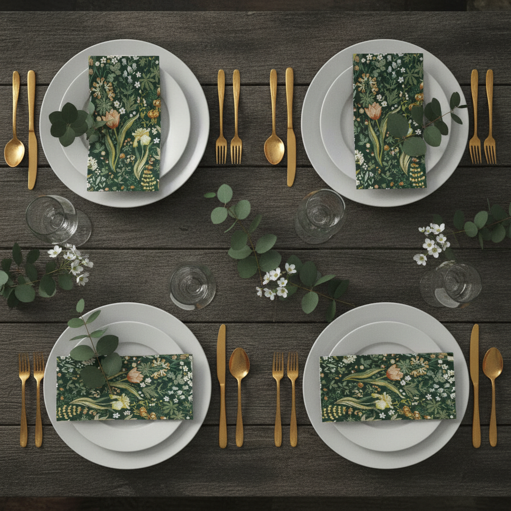 Garden dinner tablescape flat-lay set with vintage green floral paper guest napkins