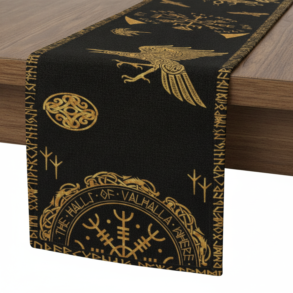 Close-up of woven linen texture and gold raven detail on the Norse Viking table runner