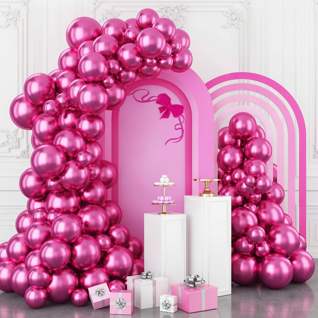 Chrome hot pink fuchsia balloon garland arch assembled against a soft white party wall