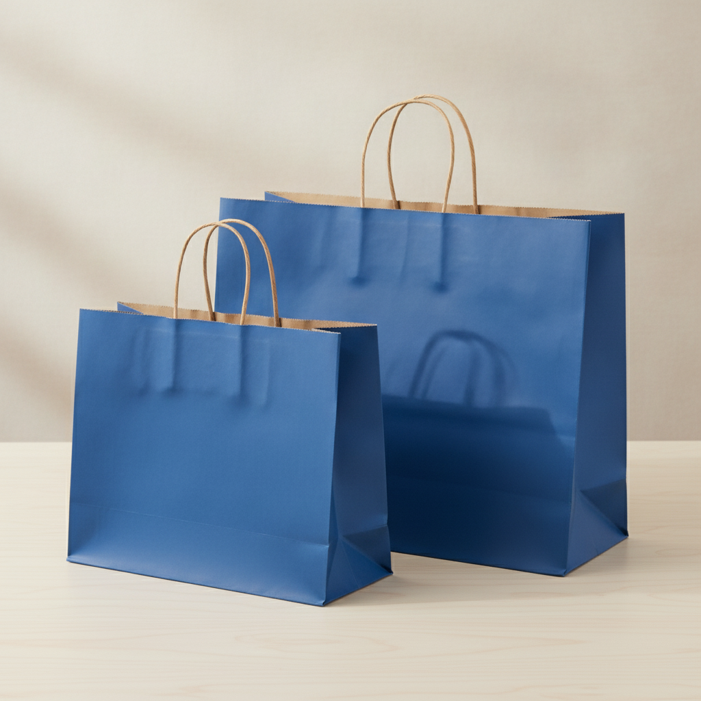 Two royal blue kraft shopping bags side by side on a wood table