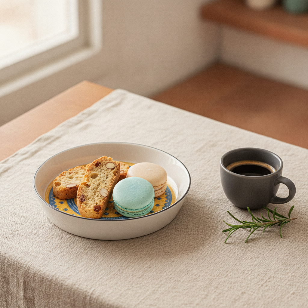 Colorful medallion ceramic disc plate holding biscotti and a macaron on a linen table with espresso