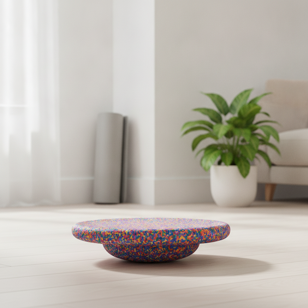 Speckled wobble balance board styled in a modern home gym corner with plant