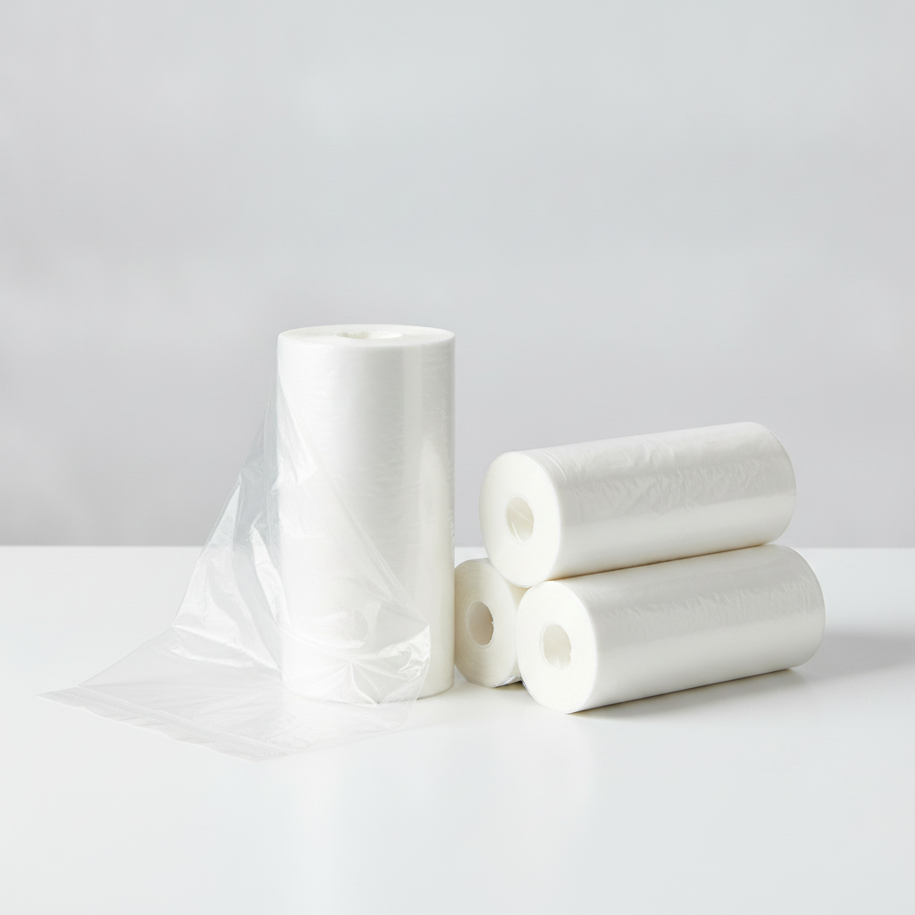 Roll of clear 4-gallon trash bags partly unrolled with two stacked rolls — Maison's Kitchen