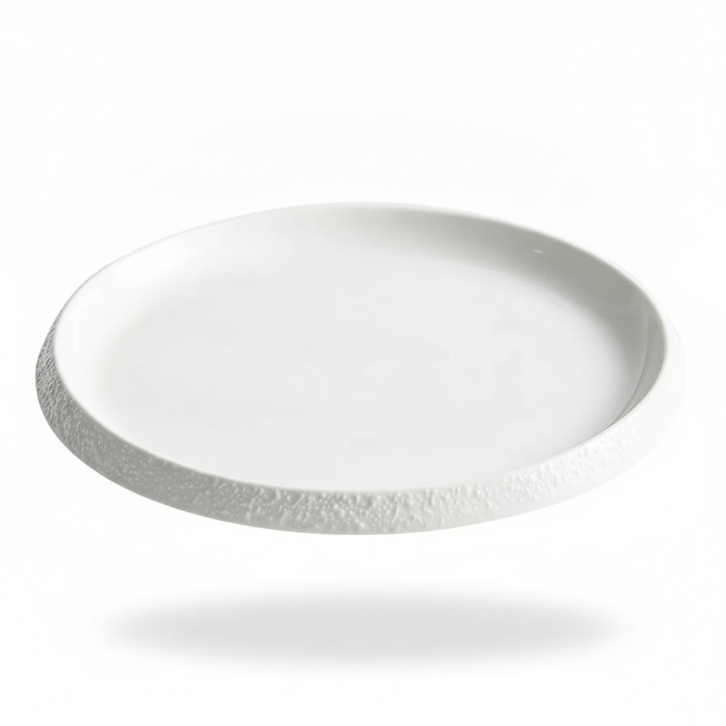 Riva shallow flat coupe porcelain plate with thin stone-textured rim, white studio packshot
