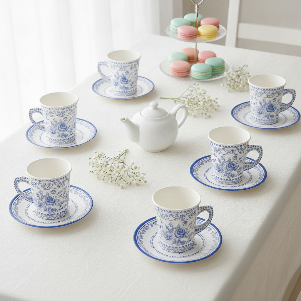 Styled tea party table set with blue and white floral disposable paper cups and saucers