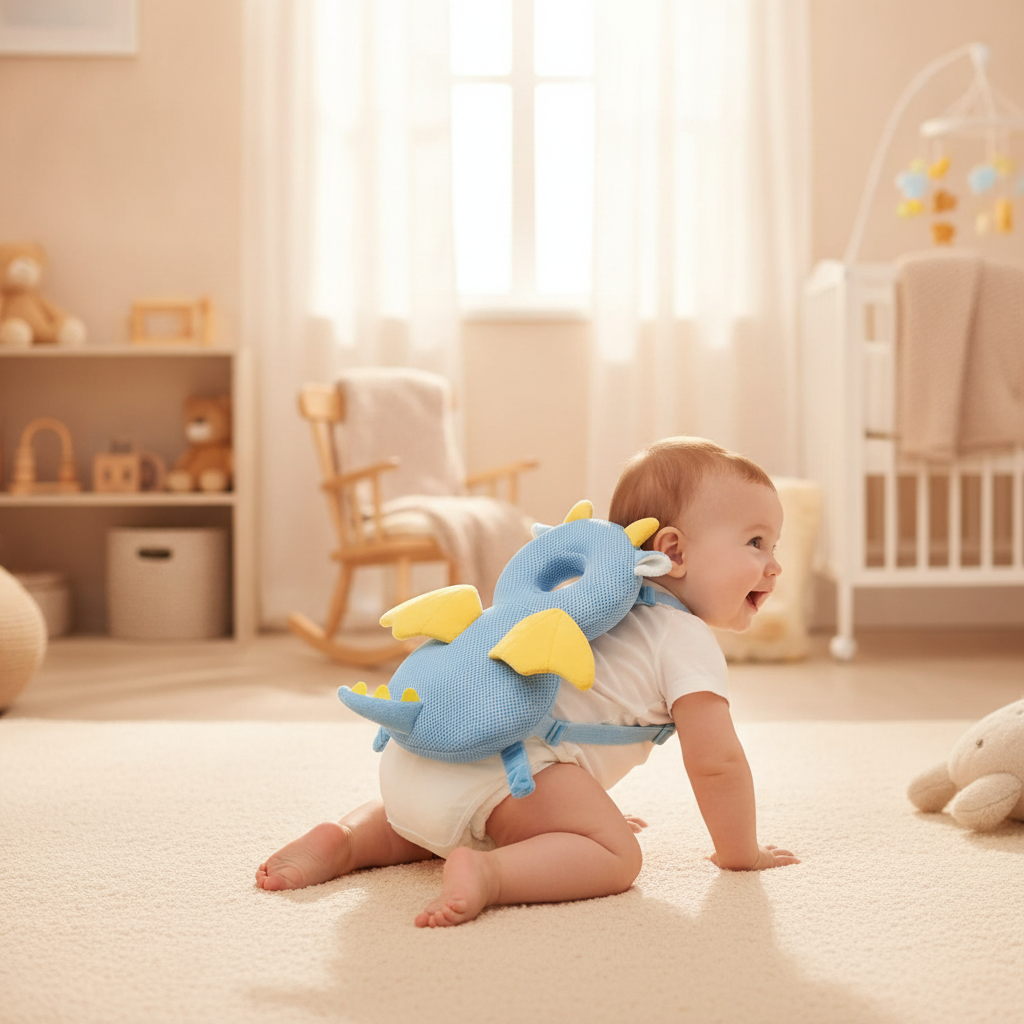 Baby crawling while wearing the dragon head protection pad in a nursery