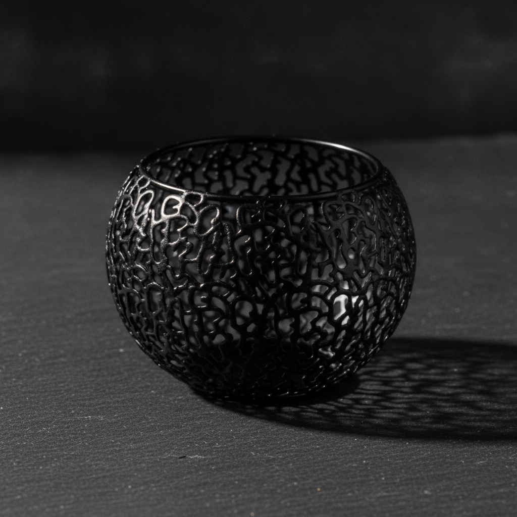 Macro detail of the intricate lace metal cutout on the black candle holder