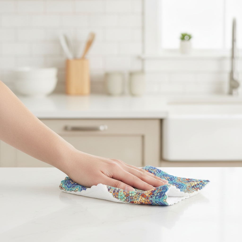 Hand wiping a counter with a mandala microfiber dishcloth — Maison's Kitchen
