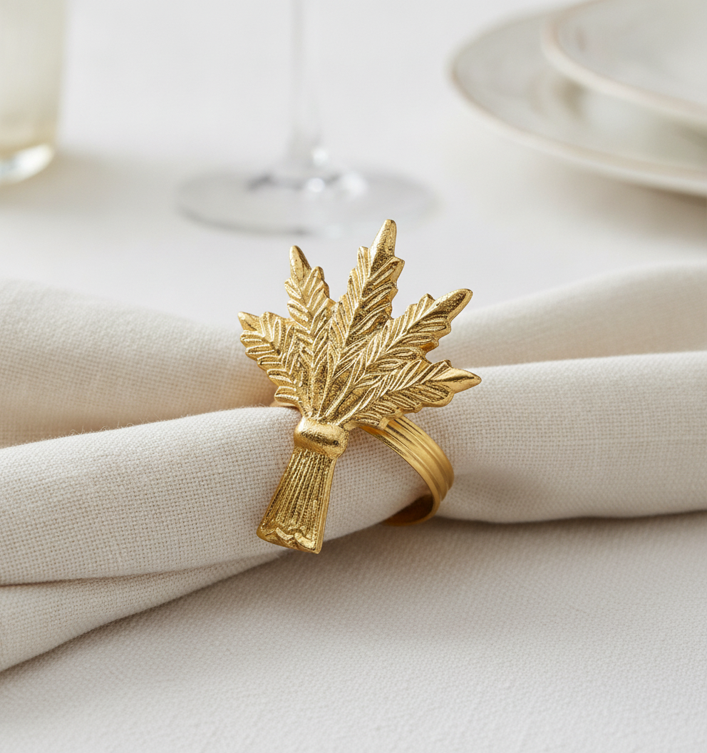 Close-up of a golden wheat-motif napkin ring on a cream napkin