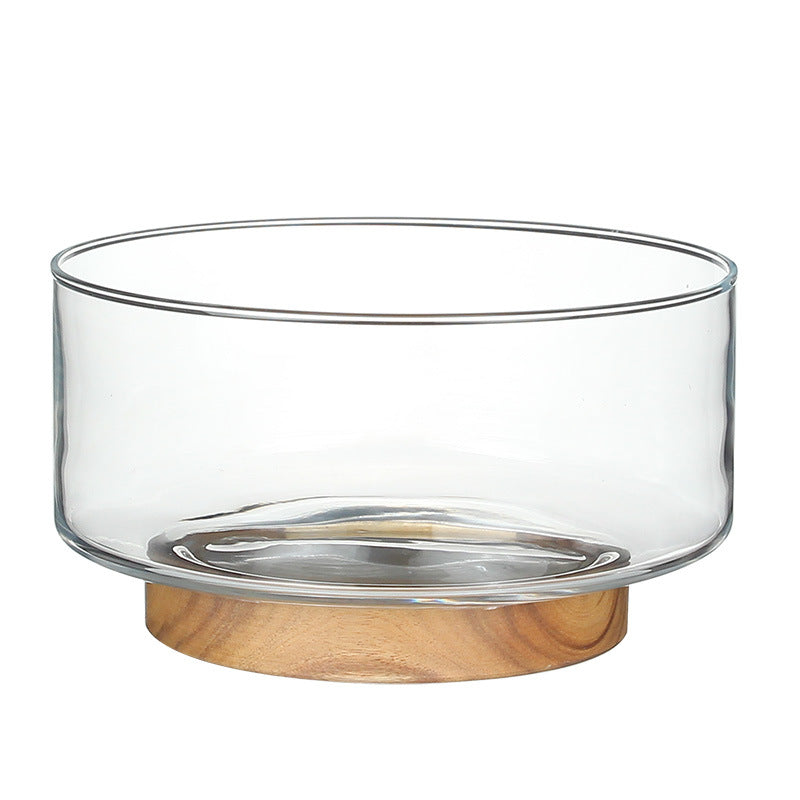 Glass Serving Bowl with Acacia Wood Base