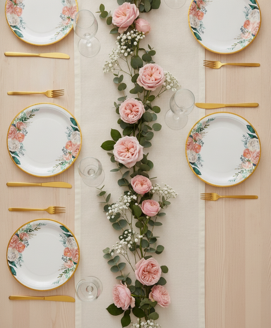 Bridal shower tablescape flat-lay with peach floral disposable paper plates and eucalyptus garland