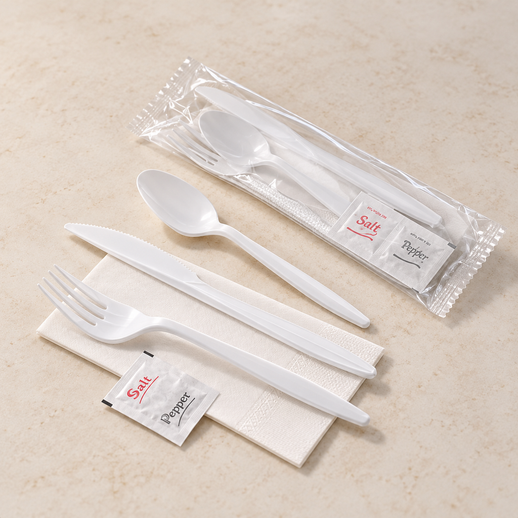 Representative sealed white cutlery kit beside unpacked knife, fork, spoon, napkin and salt-pepper packets; case contains 250 kits, not all shown.