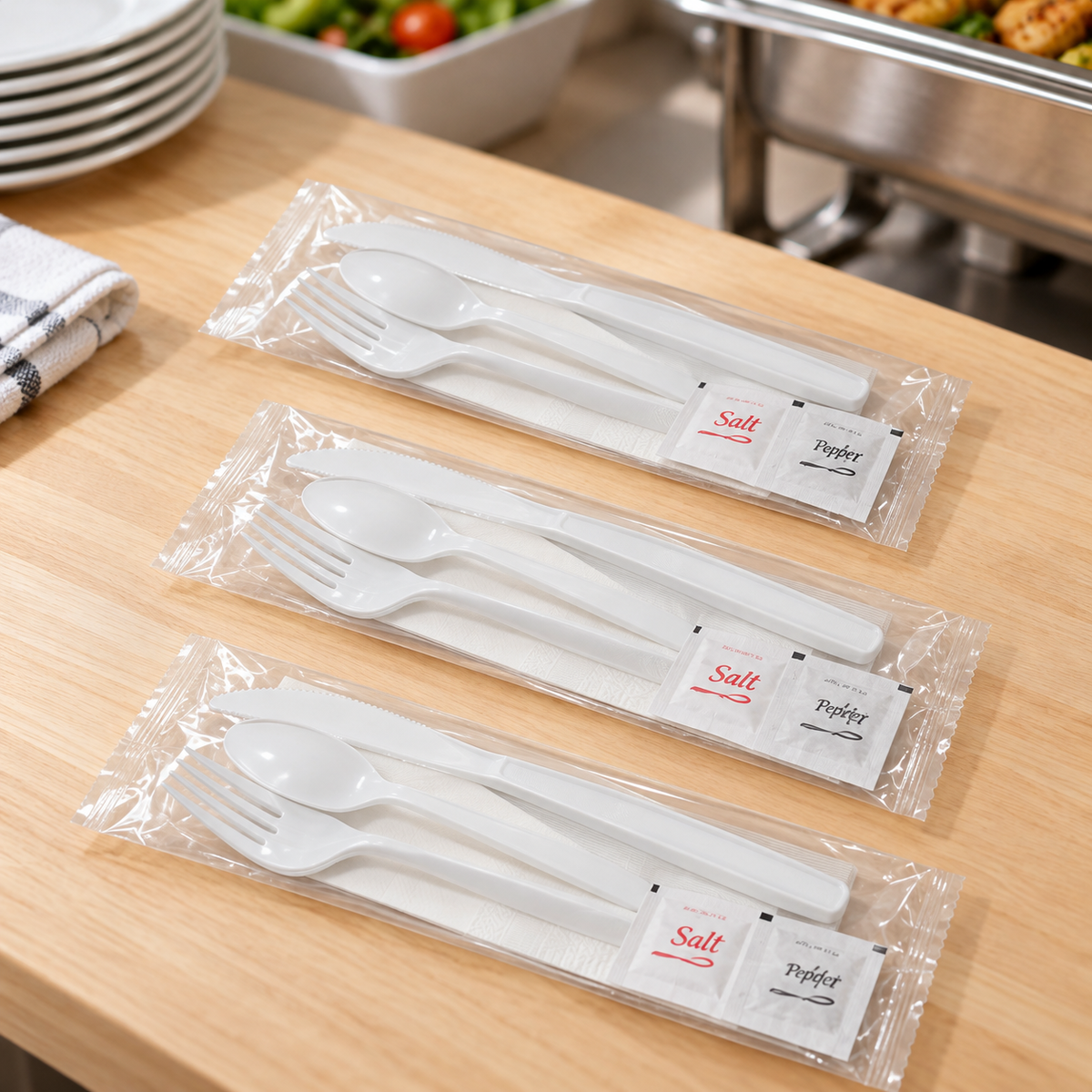 Three representative individually wrapped white cutlery kits on a catering counter; case contains 250 kits. Background dishes and food are styling props.