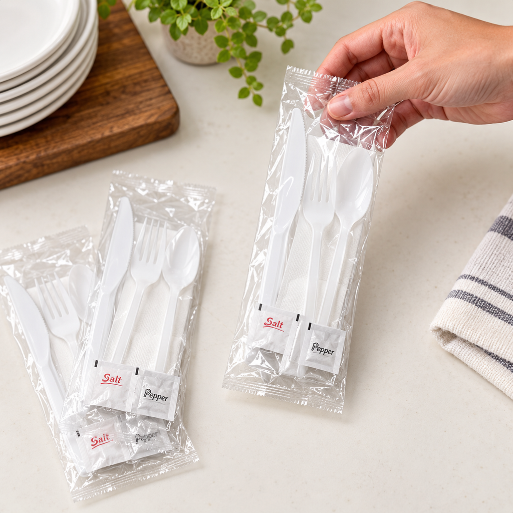 Hand lifting one sealed white cutlery kit from a small representative group; 250 kits per case, not all shown.