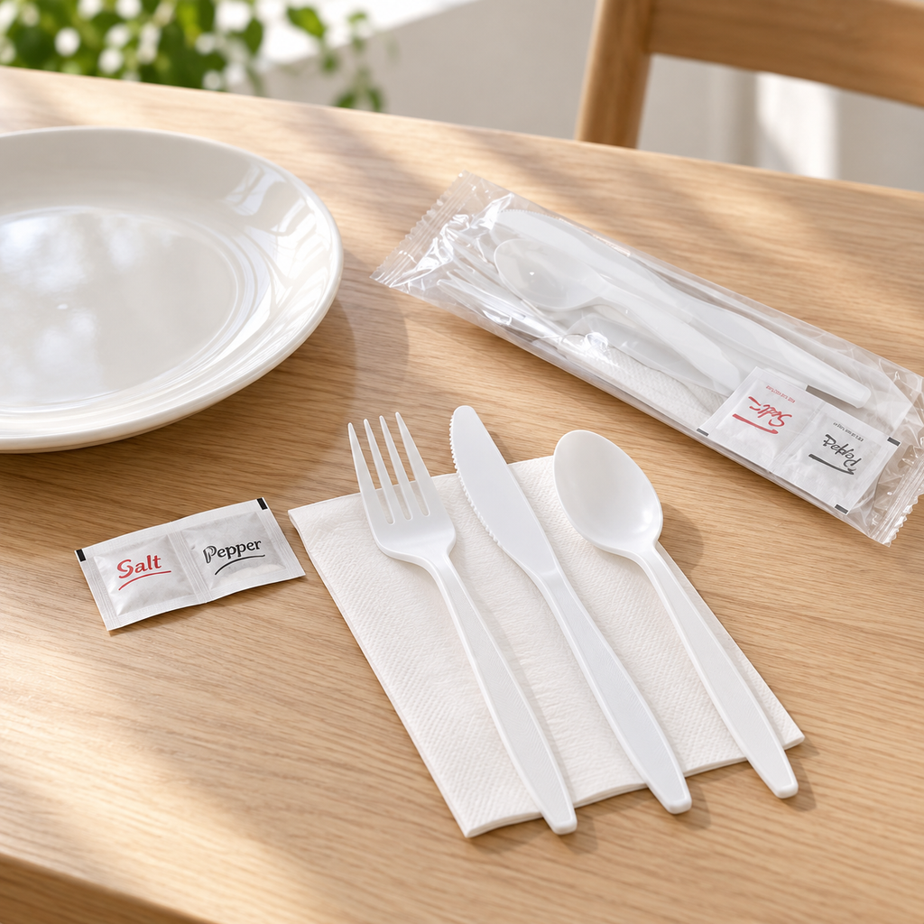 Unpacked white knife, fork, spoon, napkin and salt-pepper packets at a single dining place; ceramic plate and furniture not included.