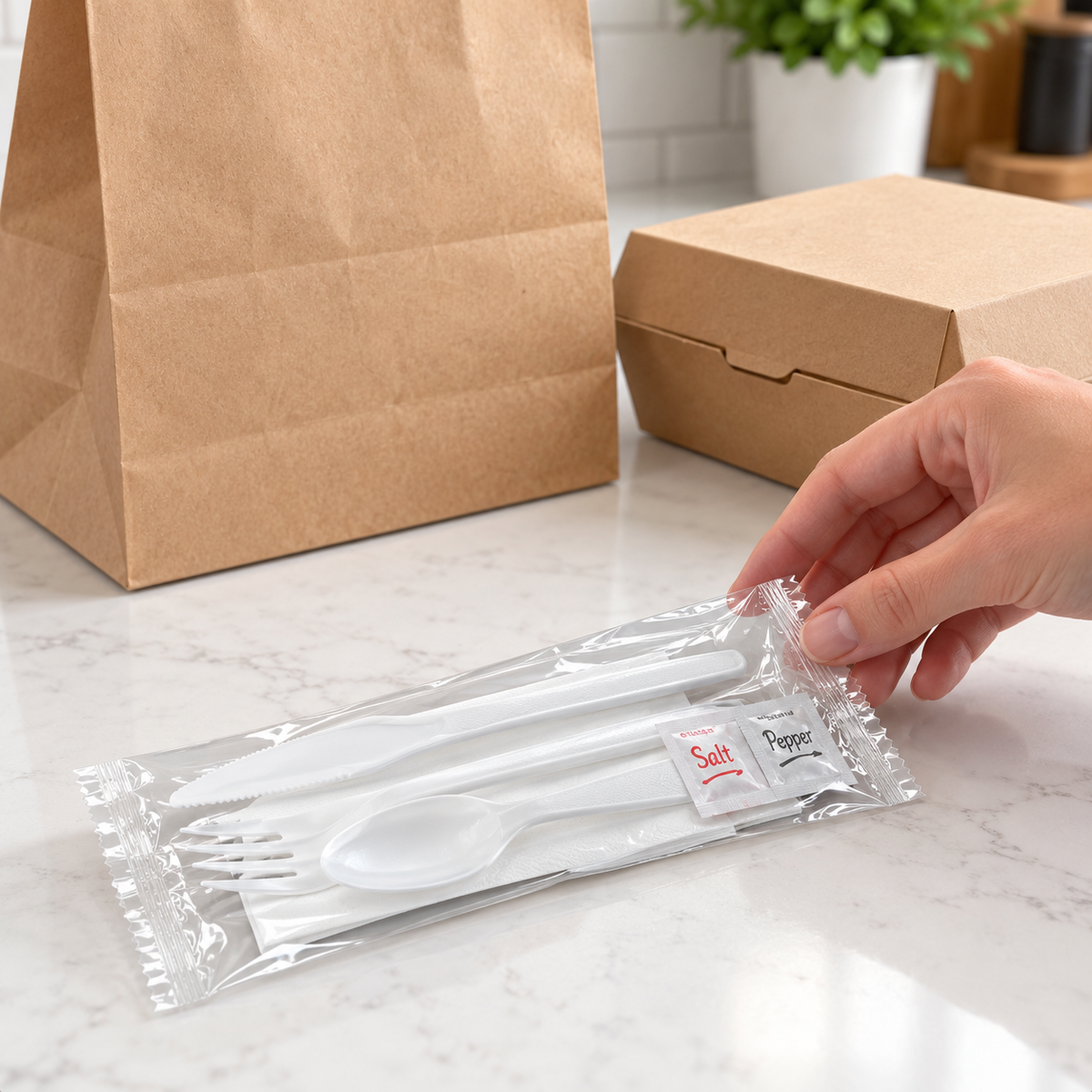 One sealed white cutlery kit beside takeaway bag and box; bag and container are styling props, not included. Case contains 250 kits.