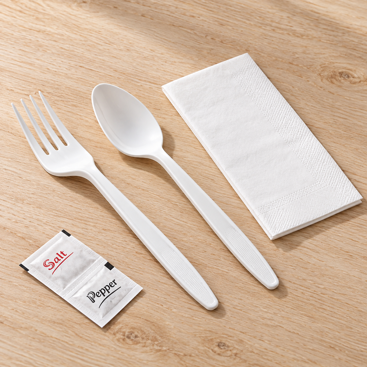 Representative detail of white fork, spoon, folded napkin and salt-pepper packets from the individually wrapped cutlery kits; not all kit components shown.