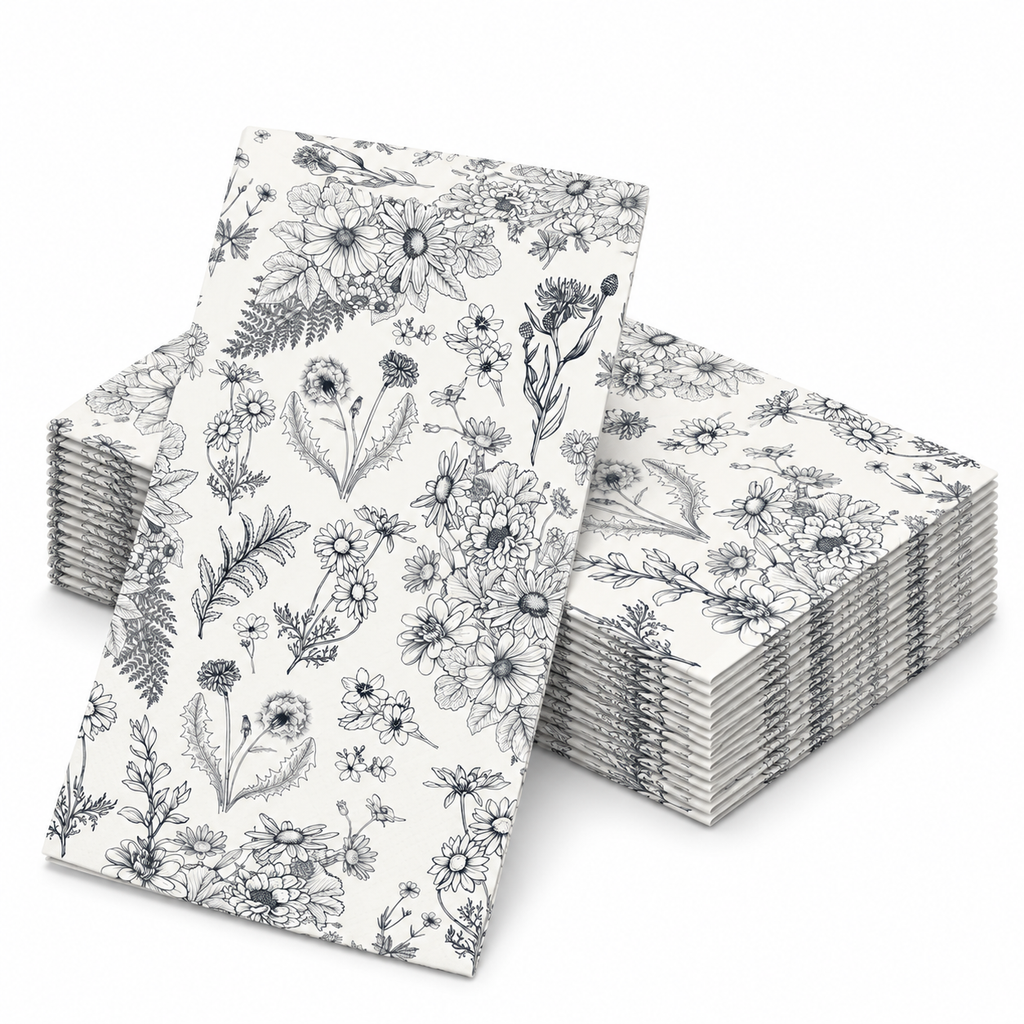 Black and white botanical paper napkins on white, showing the printed folded rectangular face and a representative stack. Not all 120 napkins are shown.